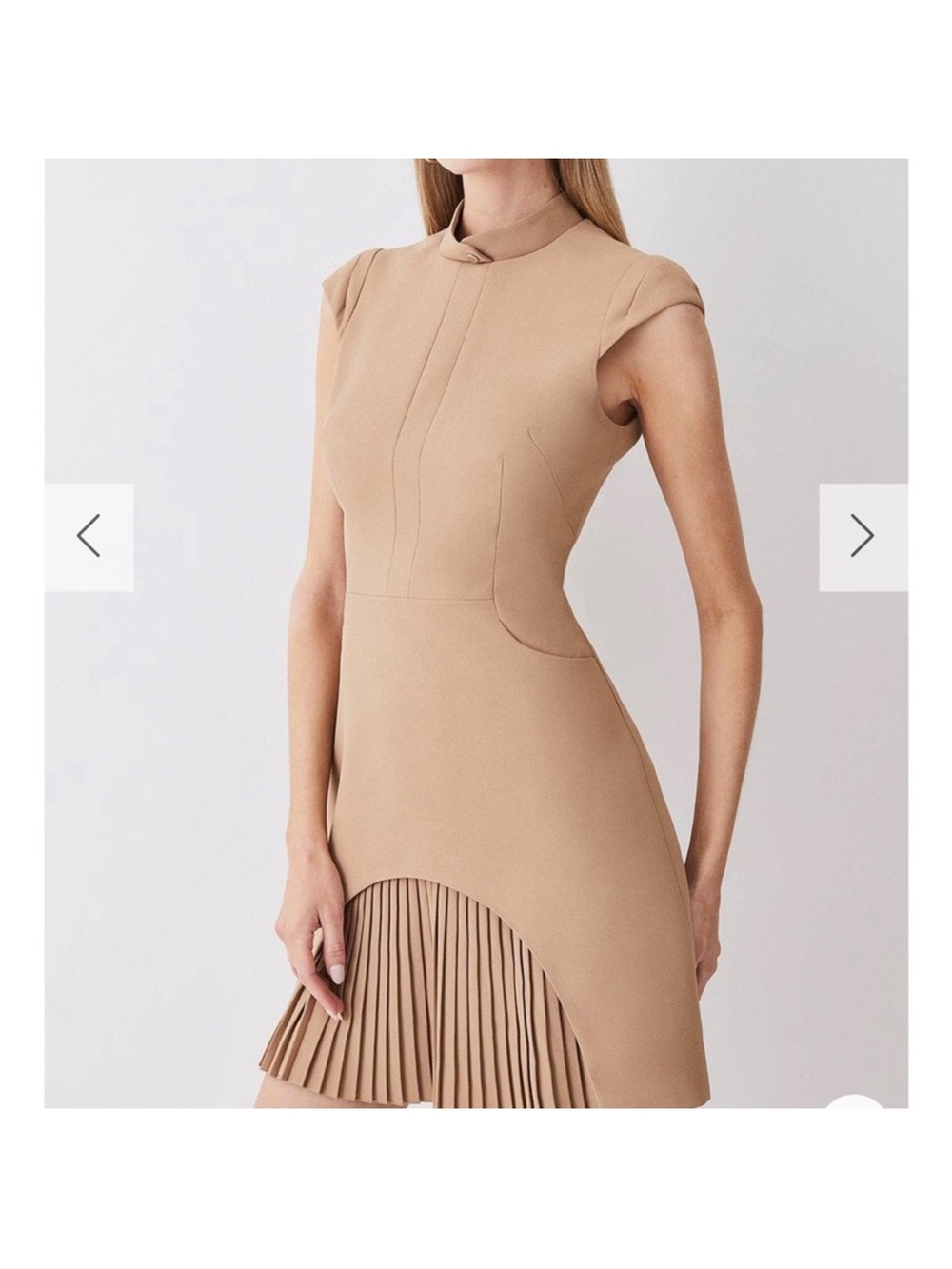 Karen Millen camel Cap-Sleeve Dress with Pleated Hem